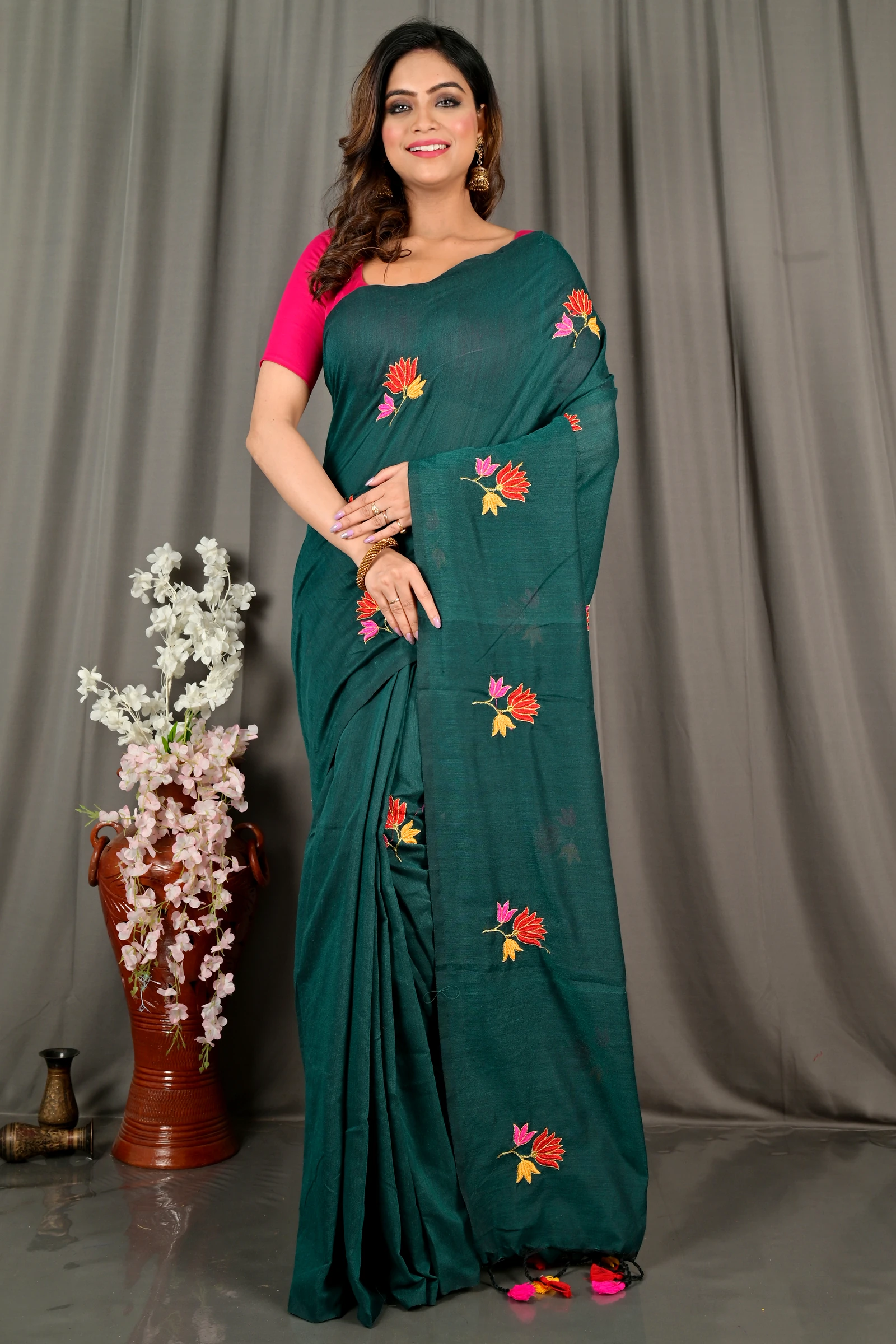 Dark Green Pure Cotton Umkor Than Embroidery Handloom saree (2091)