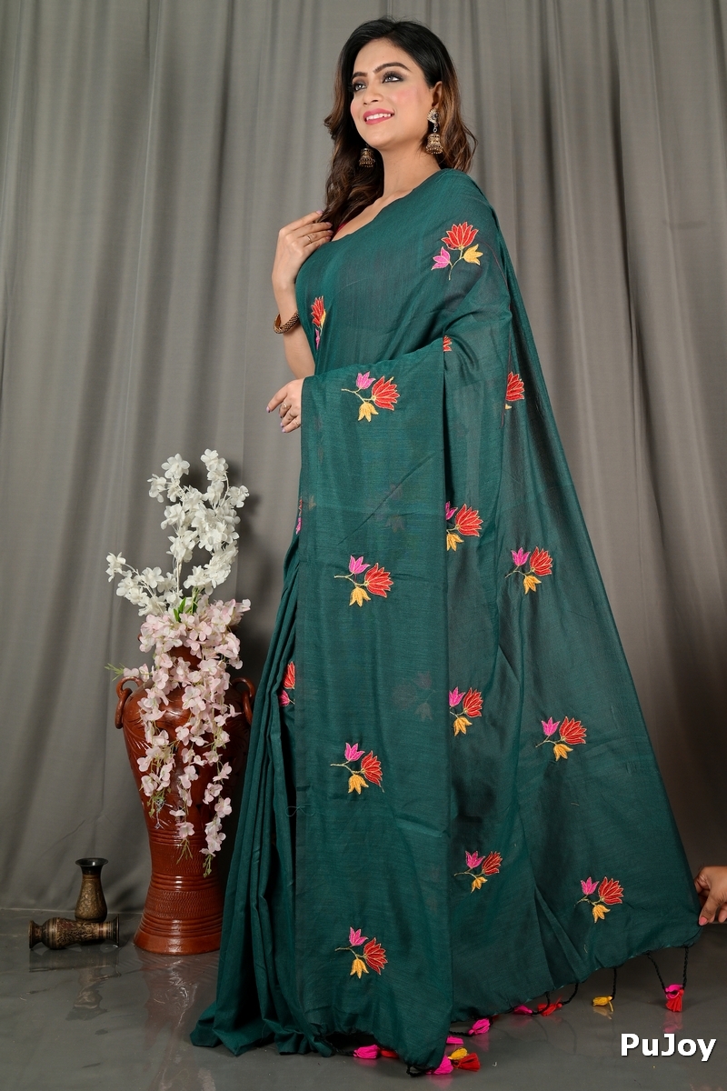 Dark Green Pure Cotton Umkor Than Embroidery Handloom saree (2091)
