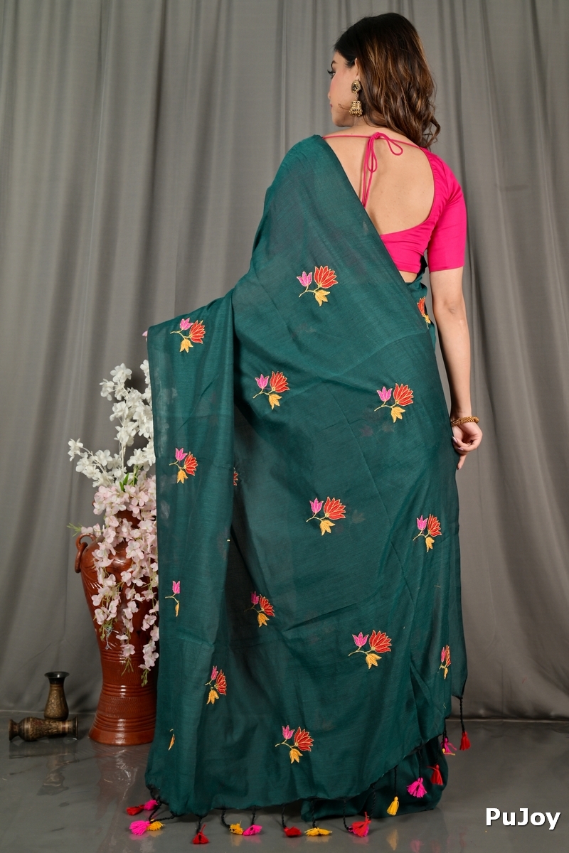 Dark Green Pure Cotton Umkor Than Embroidery Handloom saree (2091)