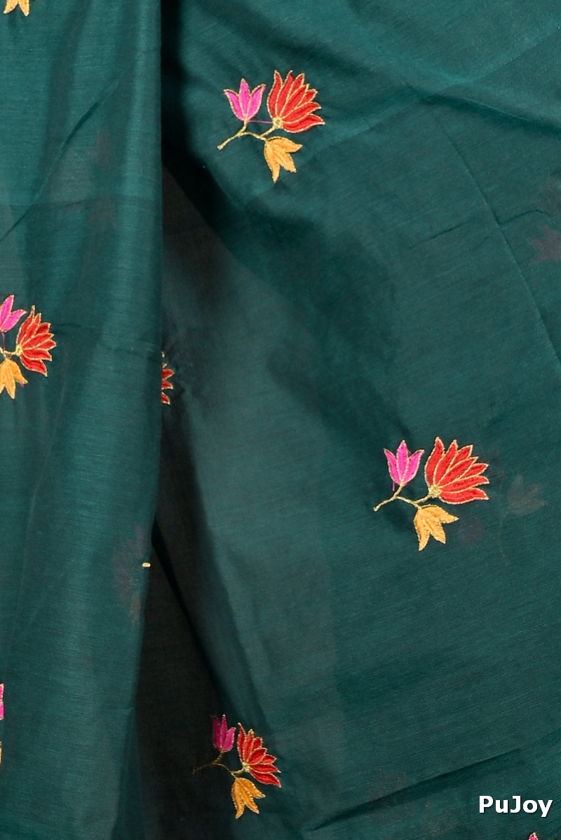 Dark Green Pure Cotton Umkor Than Embroidery Handloom saree (2091)