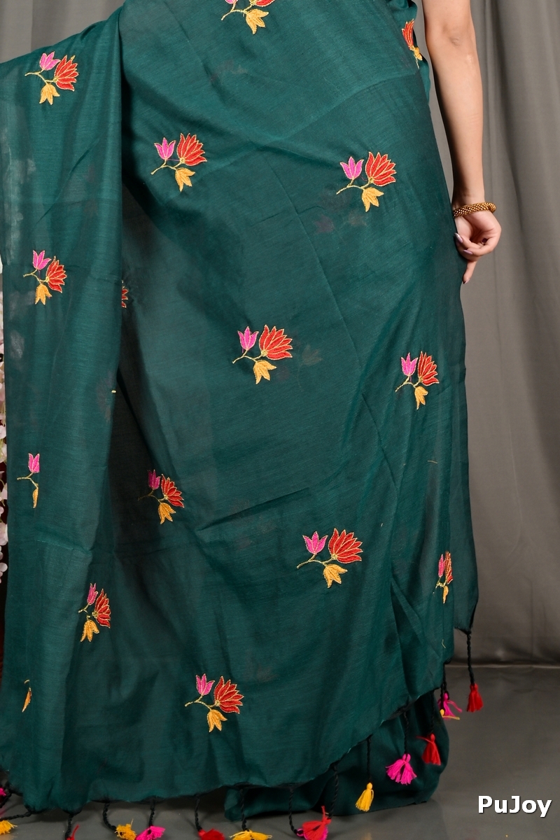 Dark Green Pure Cotton Umkor Than Embroidery Handloom saree (2091)