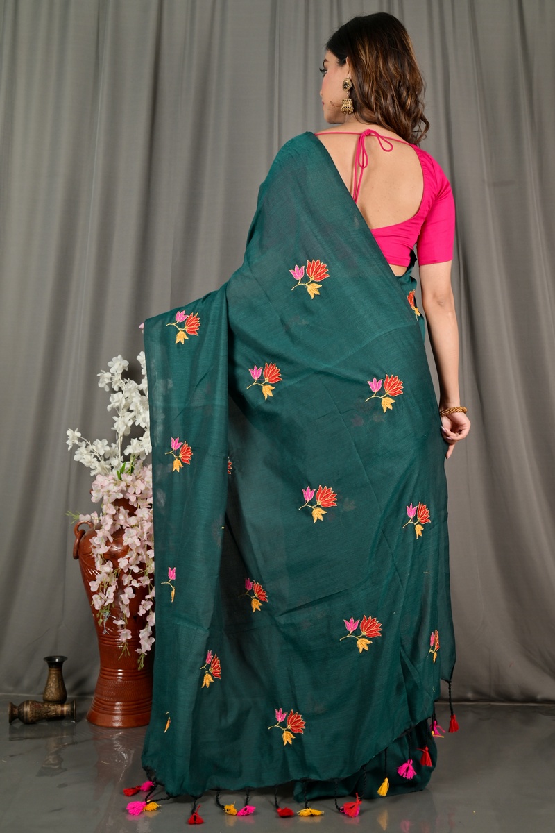 Dark Green Pure Cotton Umkor Than Embroidery Handloom saree (2091)