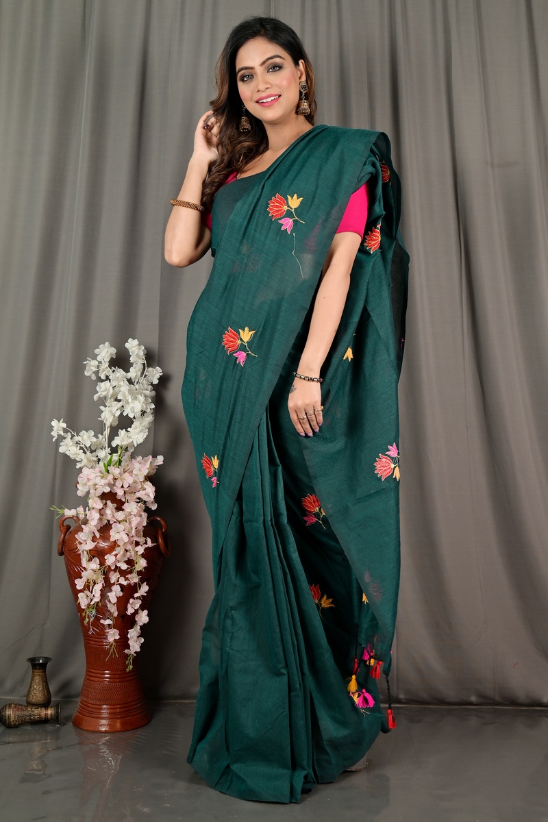 Dark Green Pure Cotton Umkor Than Embroidery Handloom saree (2091)