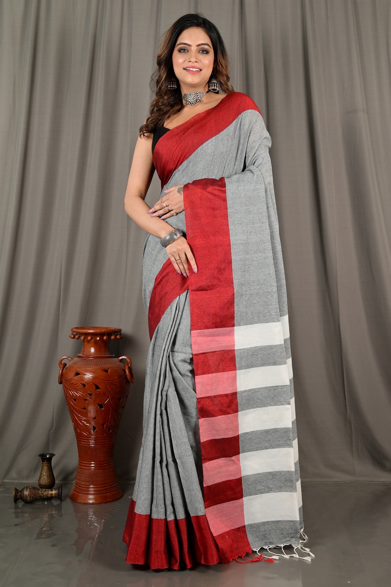 Grey White Pure Cotton Bimti Hand Loom Saree (2092)
