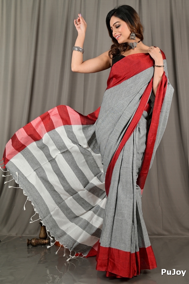 Grey White Pure Cotton Bimti Hand Loom Saree (2092)
