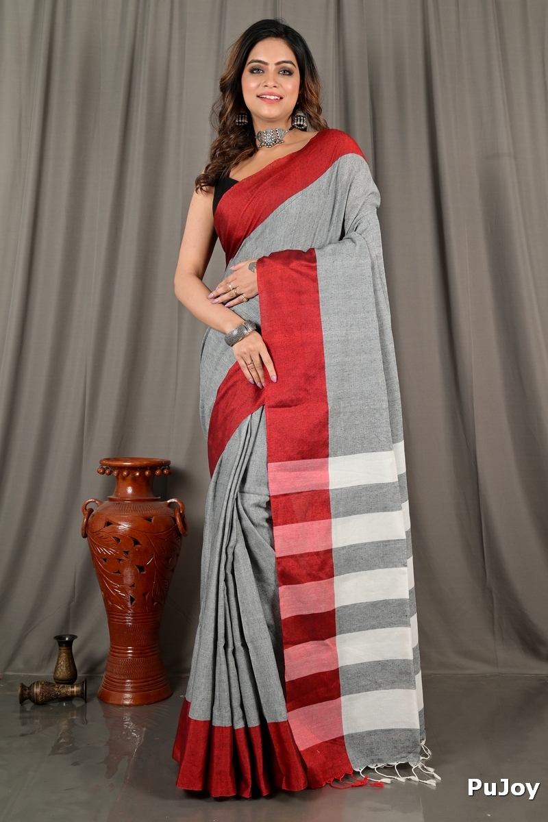 Grey White Pure Cotton Bimti Hand Loom Saree (2092)