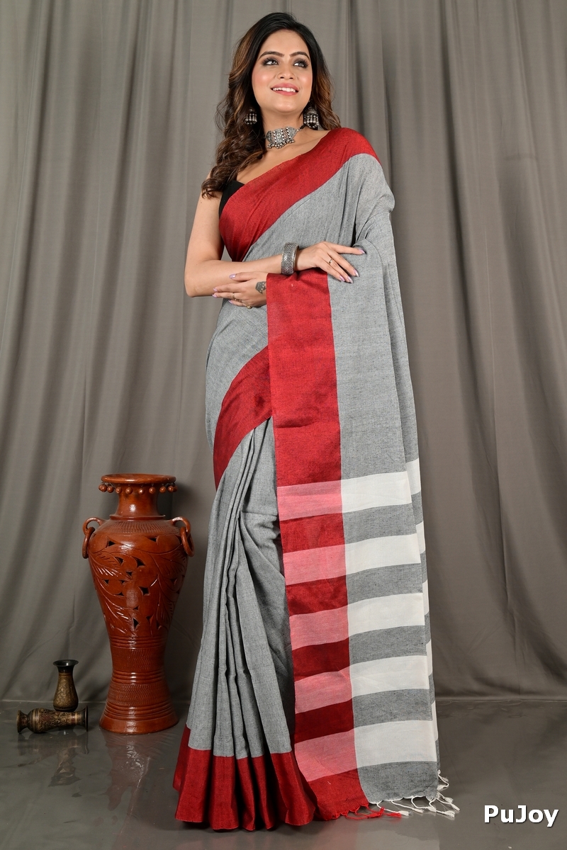 Grey White Pure Cotton Bimti Hand Loom Saree (2092)