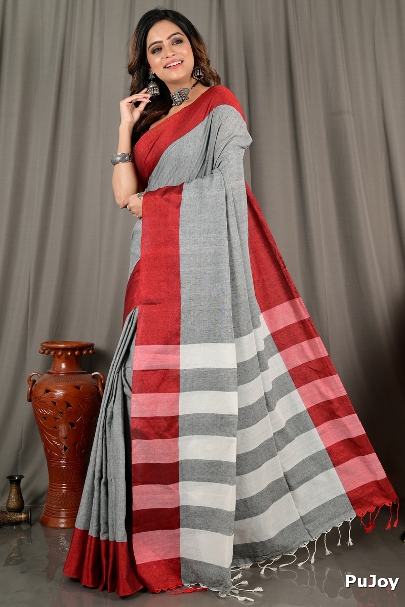 Grey White Pure Cotton Bimti Hand Loom Saree (2092)