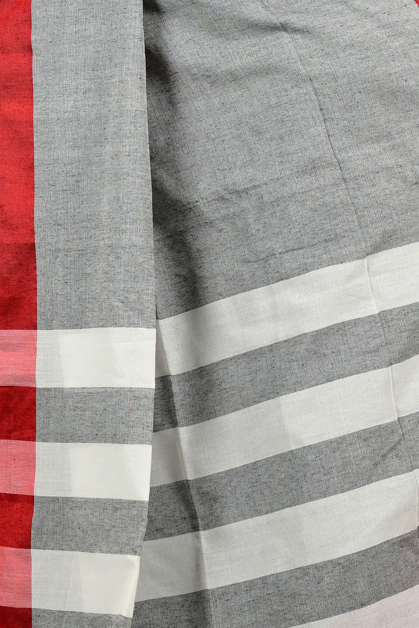 Grey White Pure Cotton Bimti Hand Loom Saree (2092)