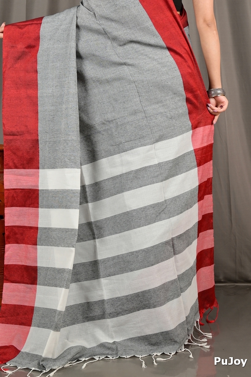 Grey White Pure Cotton Bimti Hand Loom Saree (2092)