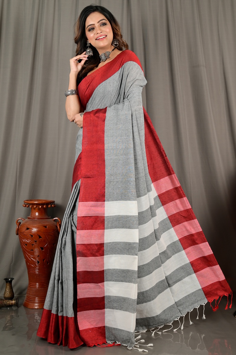 Grey White Pure Cotton Bimti Hand Loom Saree (2092)