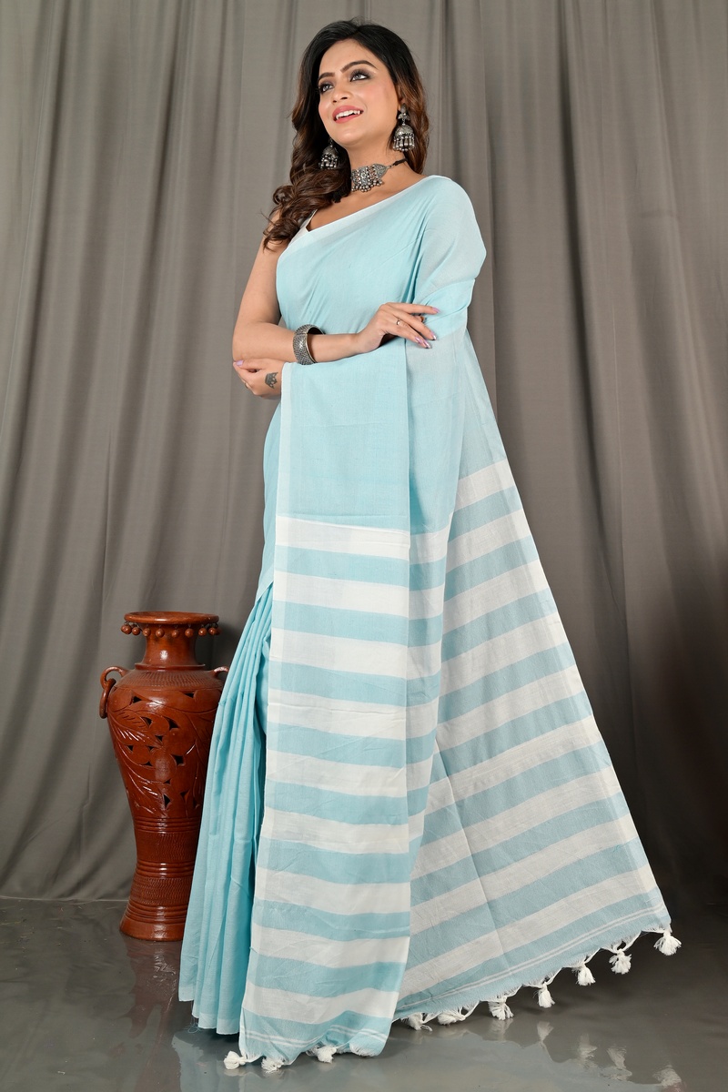 Sky Blue Pure Cotton Bisti Hand Loom Saree (2093)