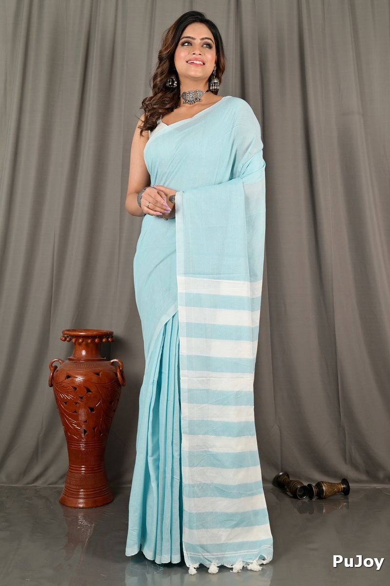 Sky Blue Pure Cotton Bisti Hand Loom Saree (2093)