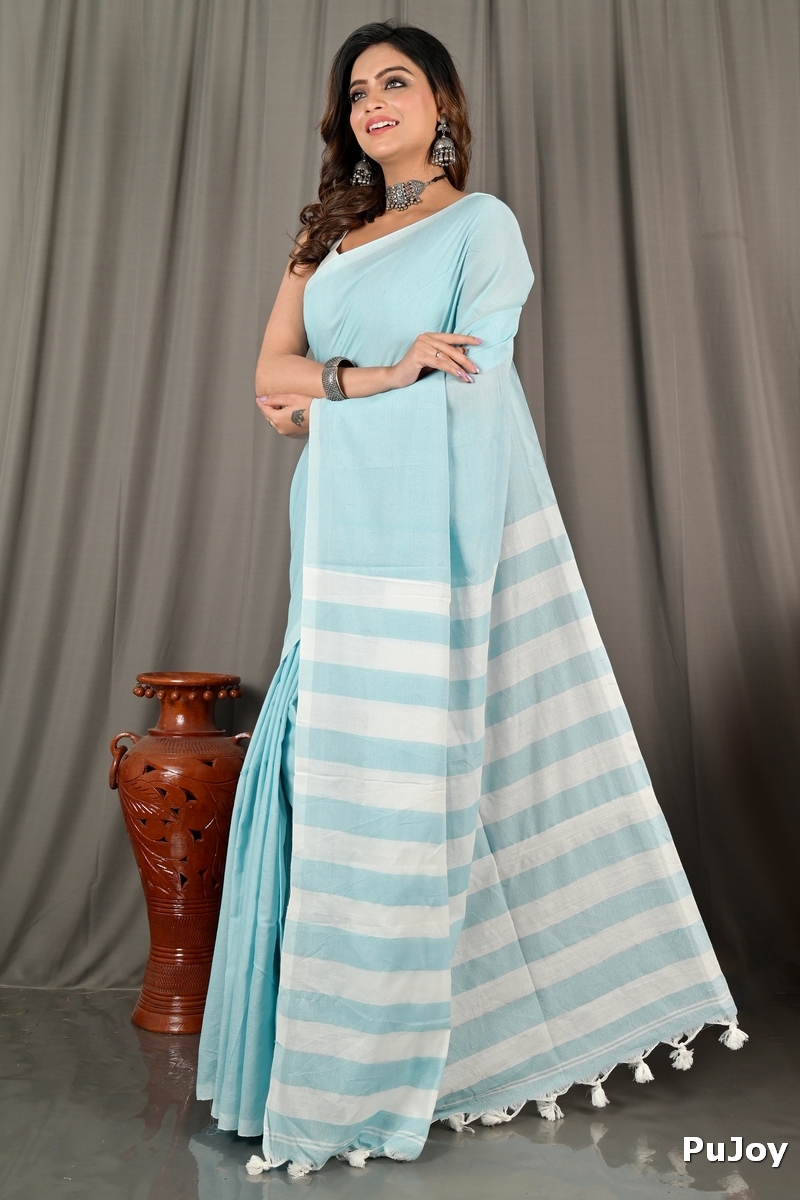 Sky Blue Pure Cotton Bisti Hand Loom Saree (2093)