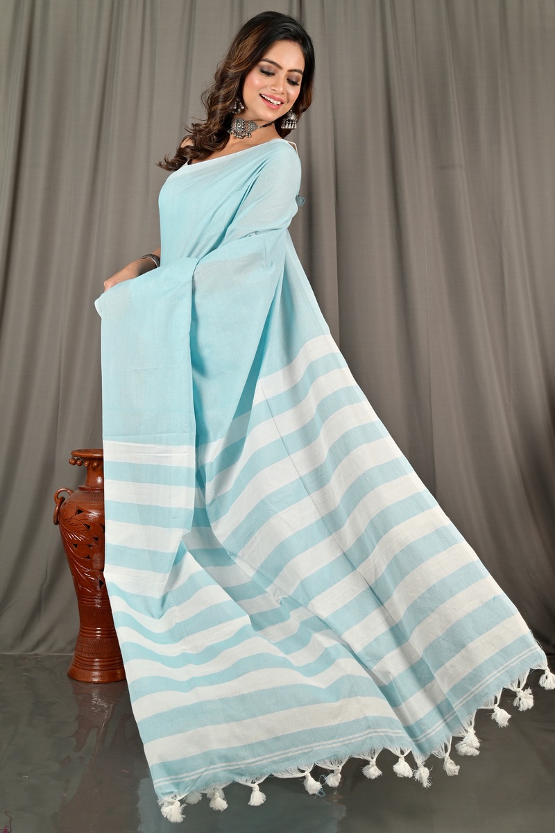 Sky Blue Pure Cotton Bisti Hand Loom Saree (2093)