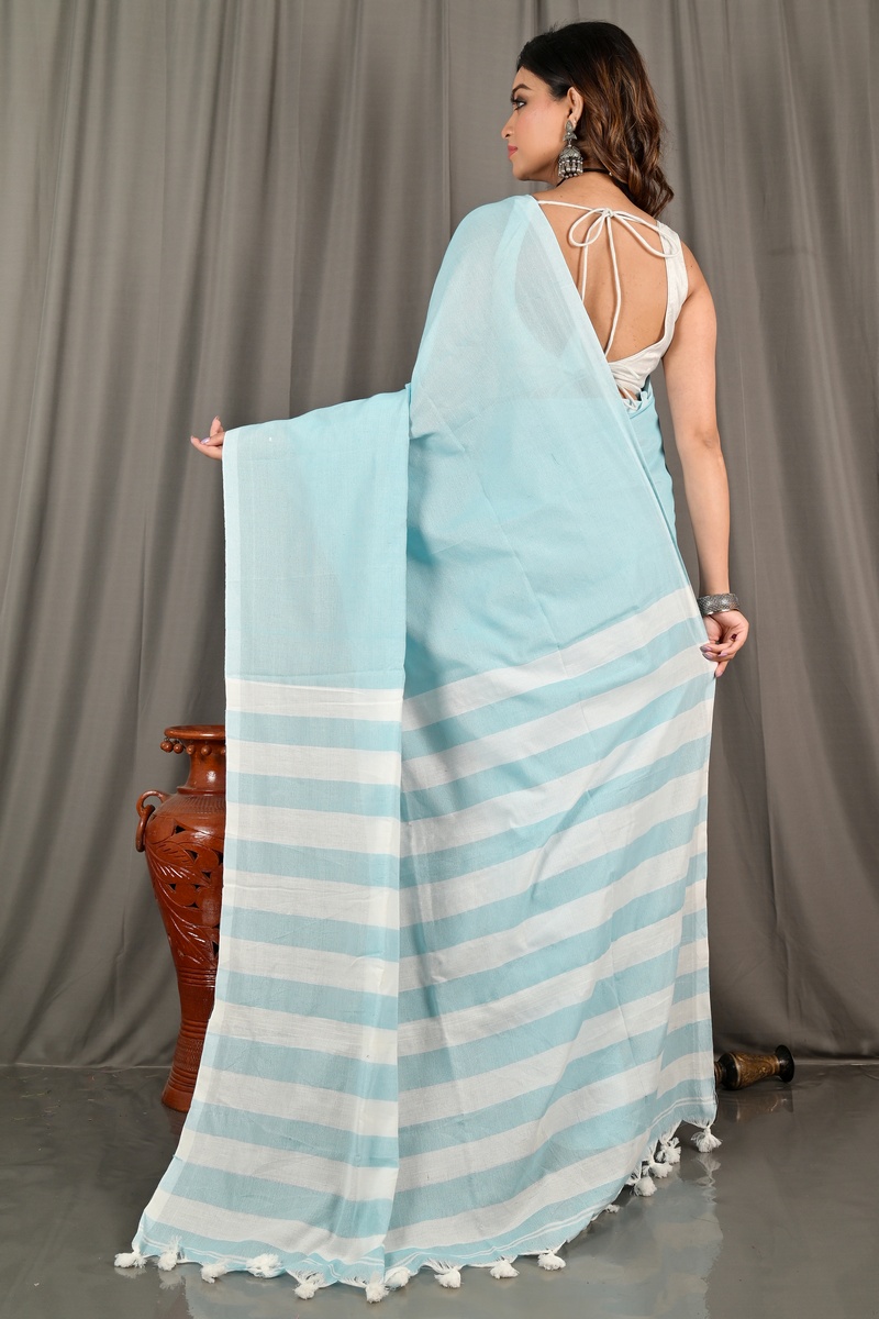 Sky Blue Pure Cotton Bisti Hand Loom Saree (2093)