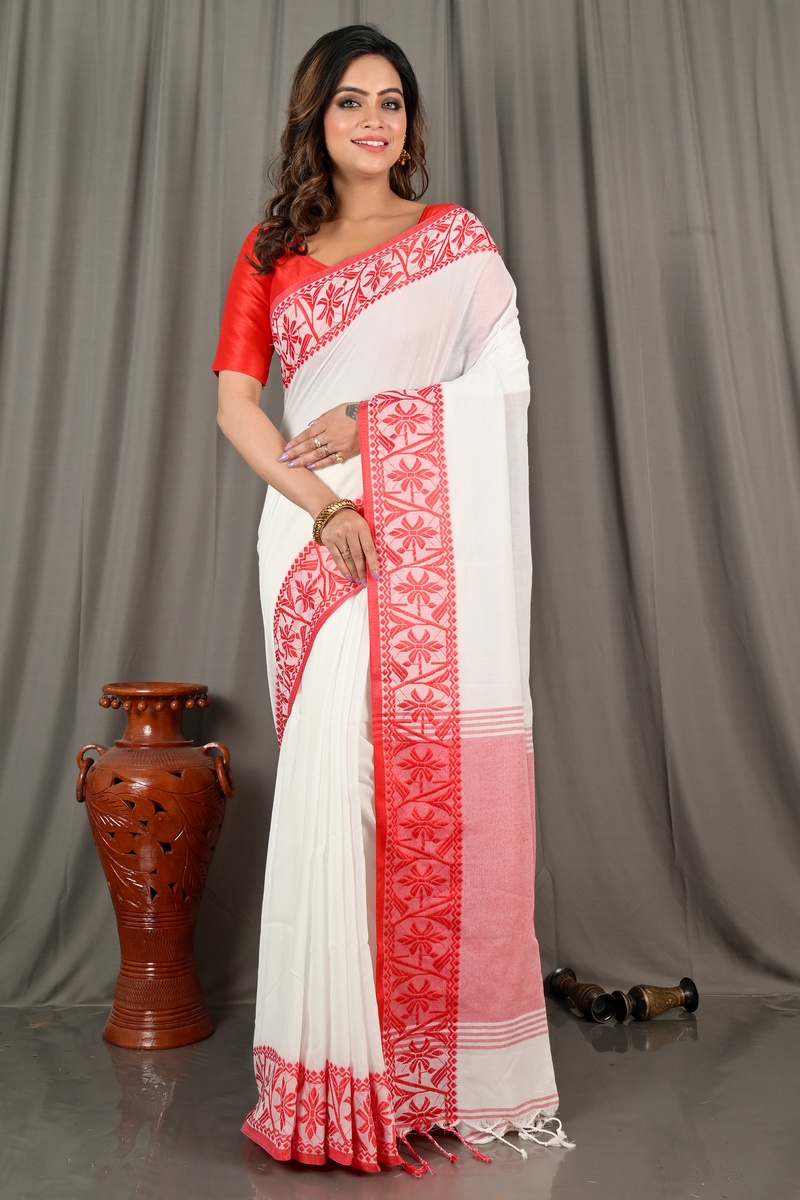 White Red Pure Cotton Borma Hand Loom Saree (2097)