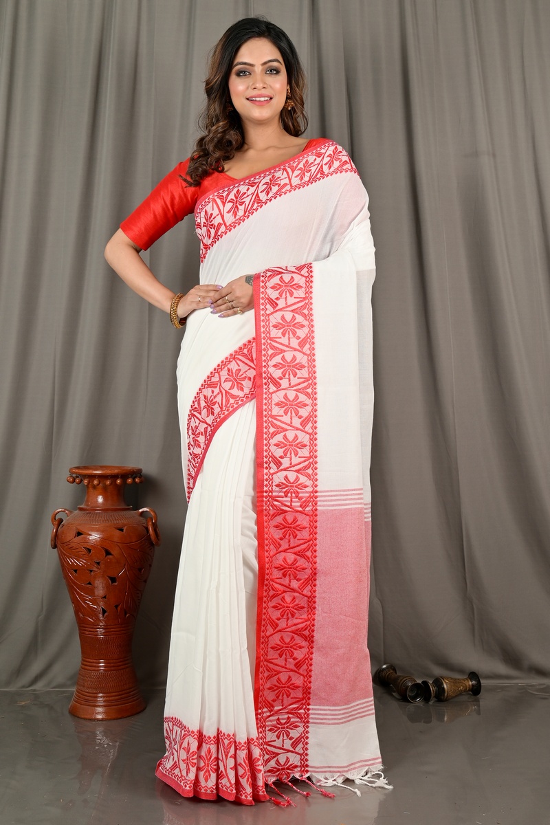 White Red Pure Cotton Borma Hand Loom Saree (2097)