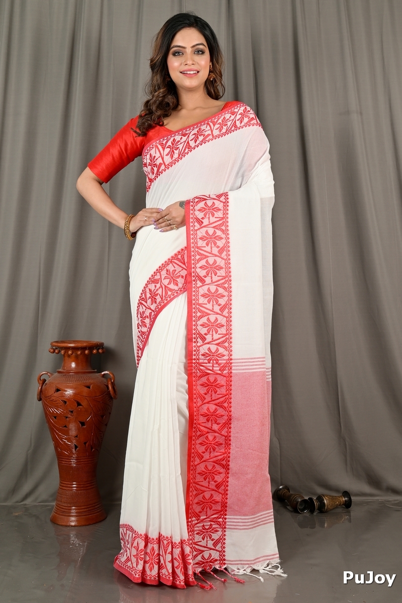 White Red Pure Cotton Borma Hand Loom Saree (2097)
