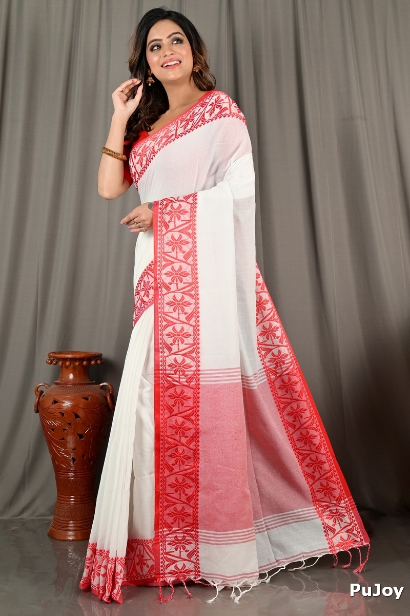 White Red Pure Cotton Borma Hand Loom Saree (2097)