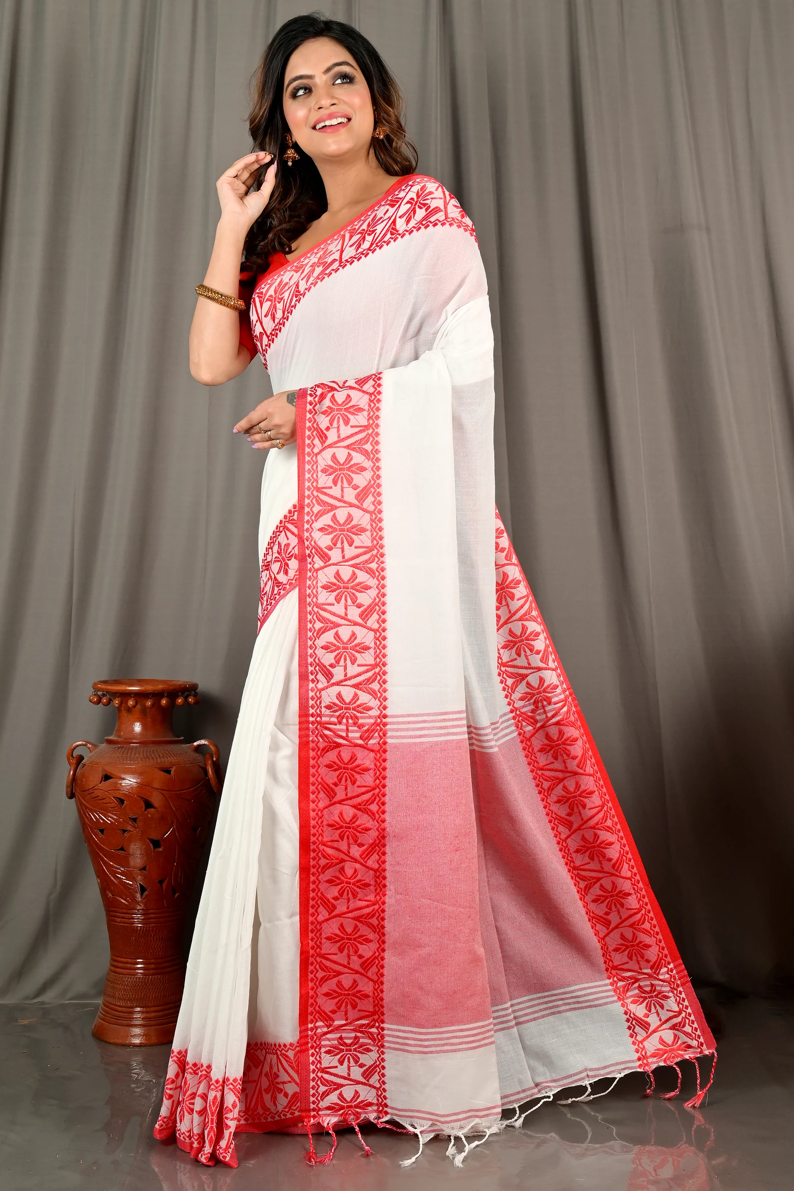 White Red Pure Cotton Borma Hand Loom Saree (2097)