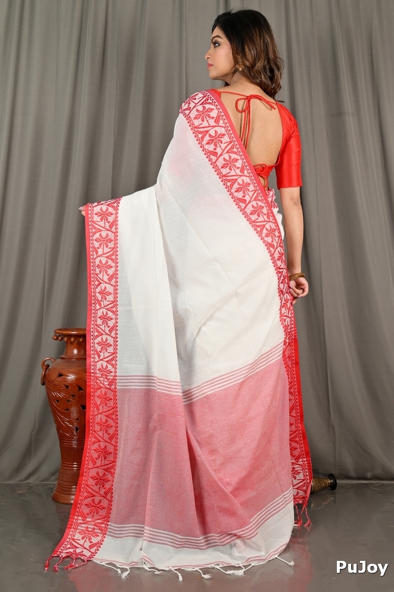 White Red Pure Cotton Borma Hand Loom Saree (2097)