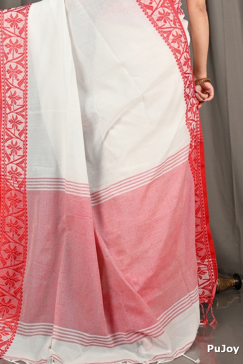 White Red Pure Cotton Borma Hand Loom Saree (2097)