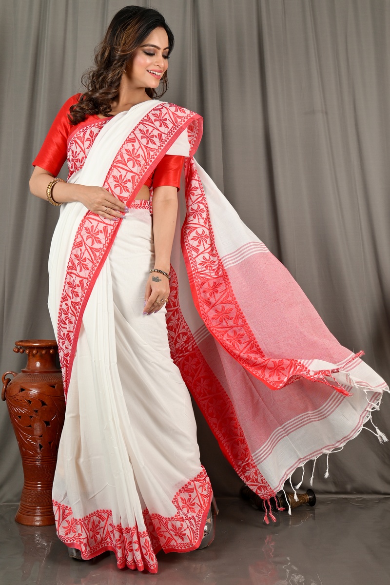 White Red Pure Cotton Borma Hand Loom Saree (2097)
