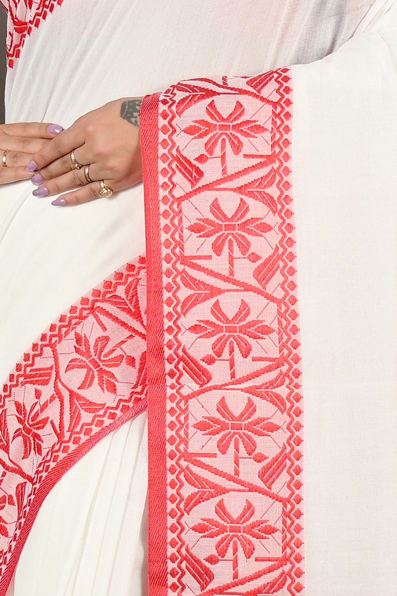 White Red Pure Cotton Borma Hand Loom Saree (2097)