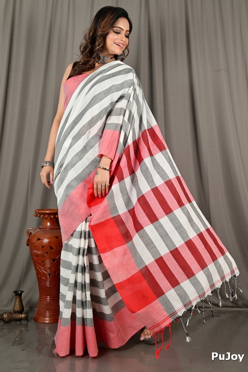 Grey White Pure Cotton Bimti Hand Loom Saree (2098)