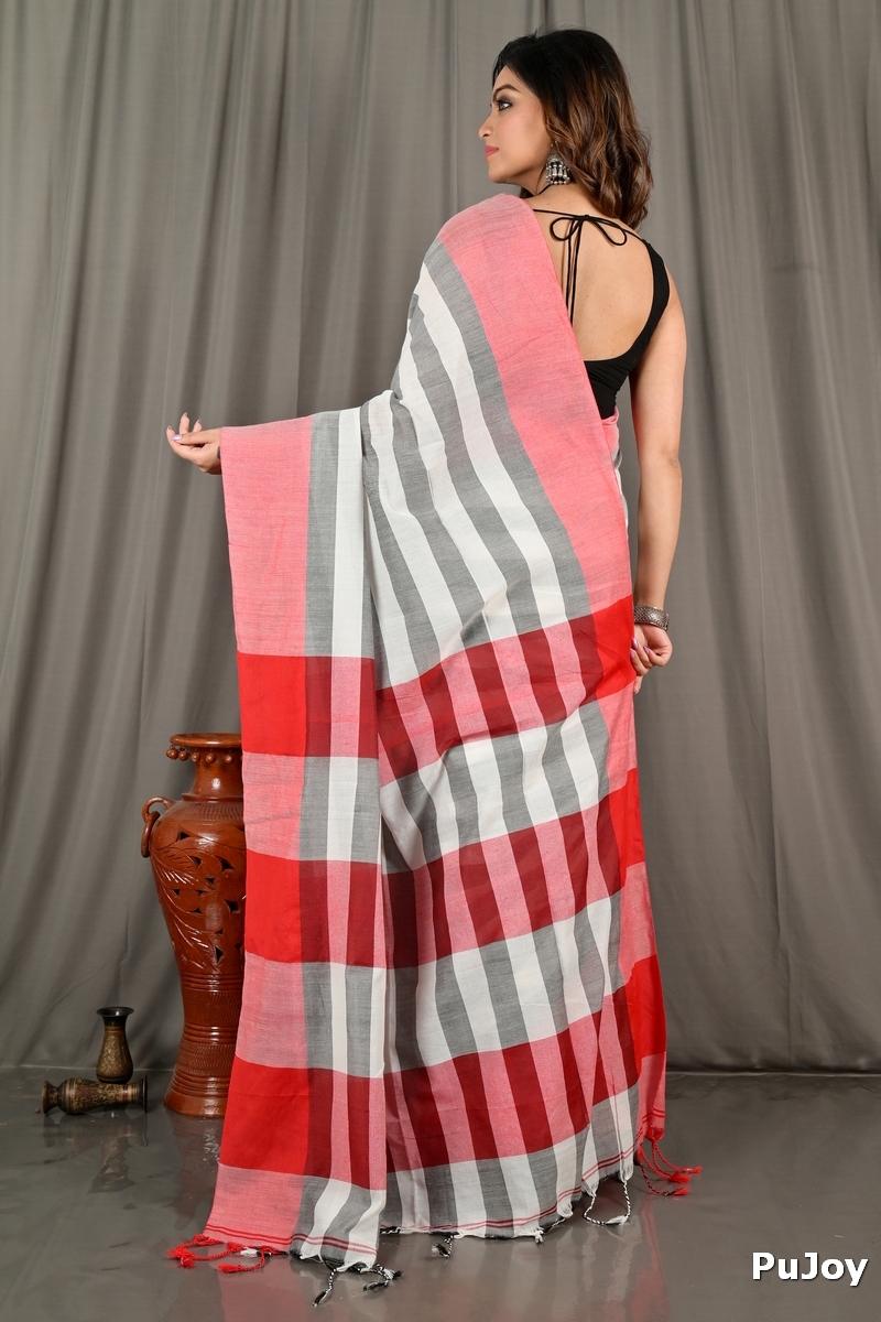 Grey White Pure Cotton Bimti Hand Loom Saree (2098)