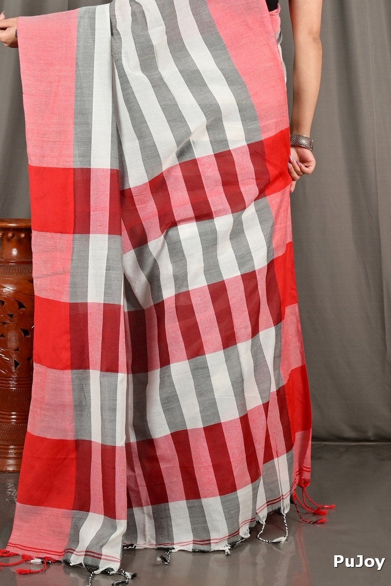 Grey White Pure Cotton Bimti Hand Loom Saree (2098)