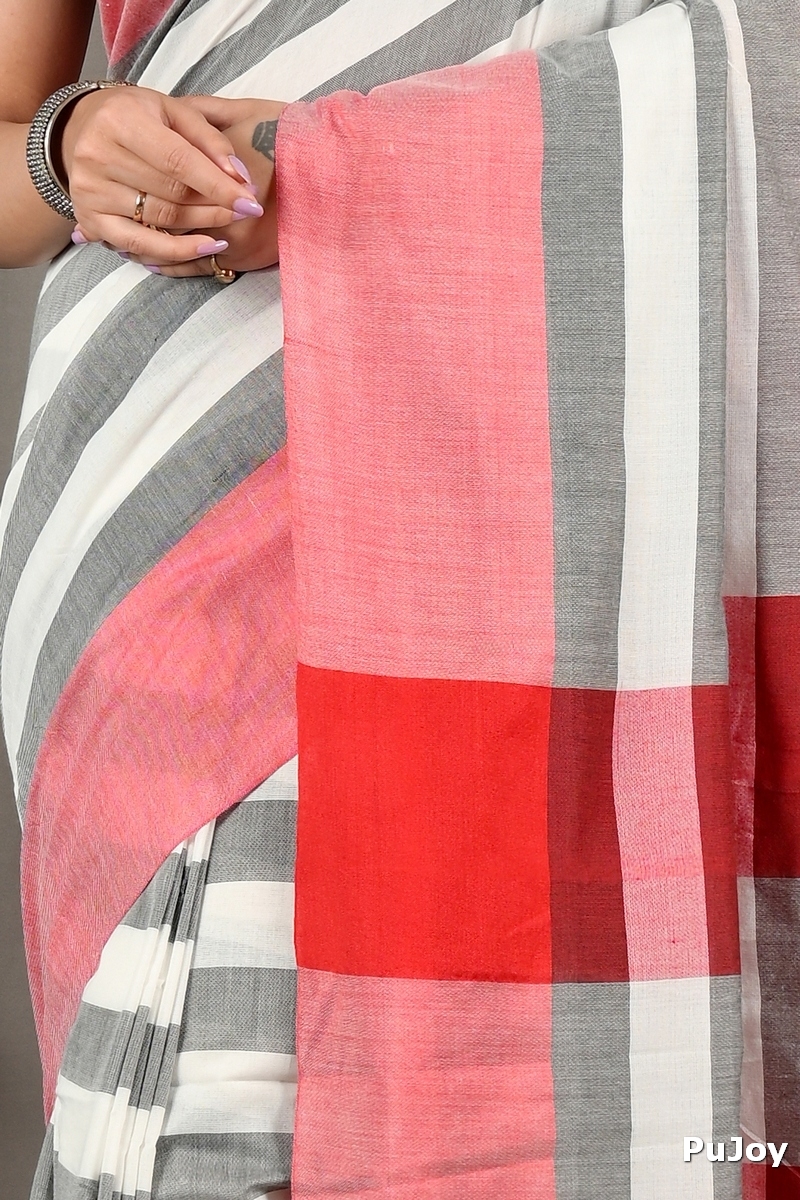 Grey White Pure Cotton Bimti Hand Loom Saree (2098)