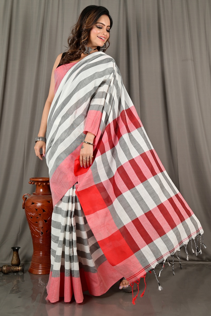 Grey White Pure Cotton Bimti Hand Loom Saree (2098)
