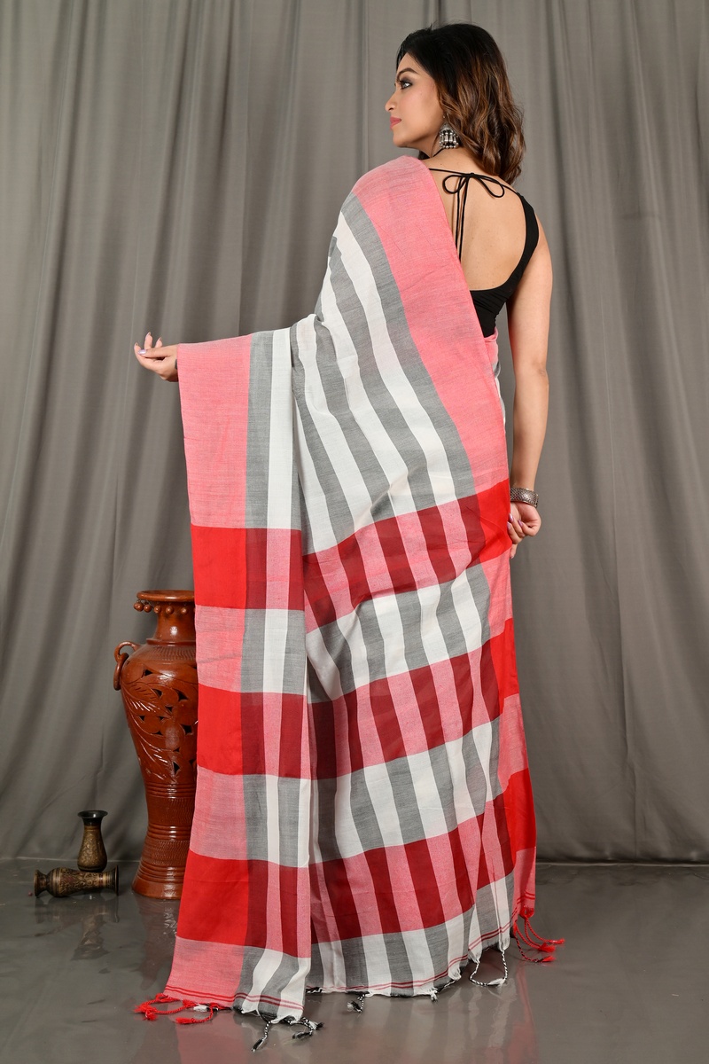 Grey White Pure Cotton Bimti Hand Loom Saree (2098)