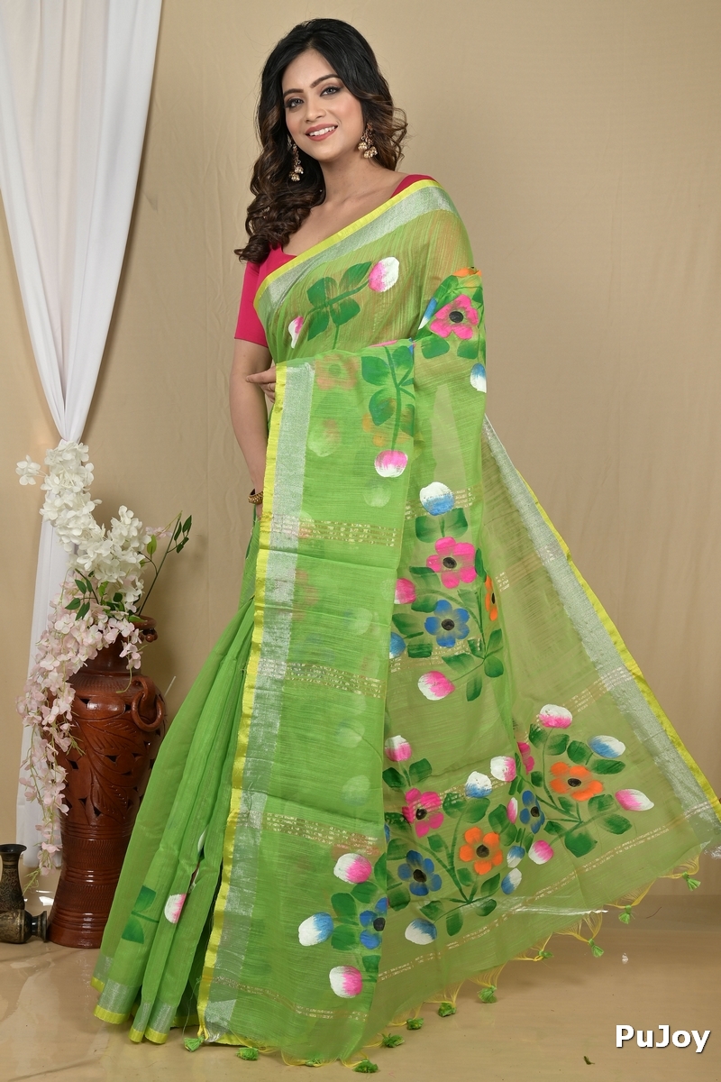 Green Blended Cotton Anito Hand Painted Saree (2099)