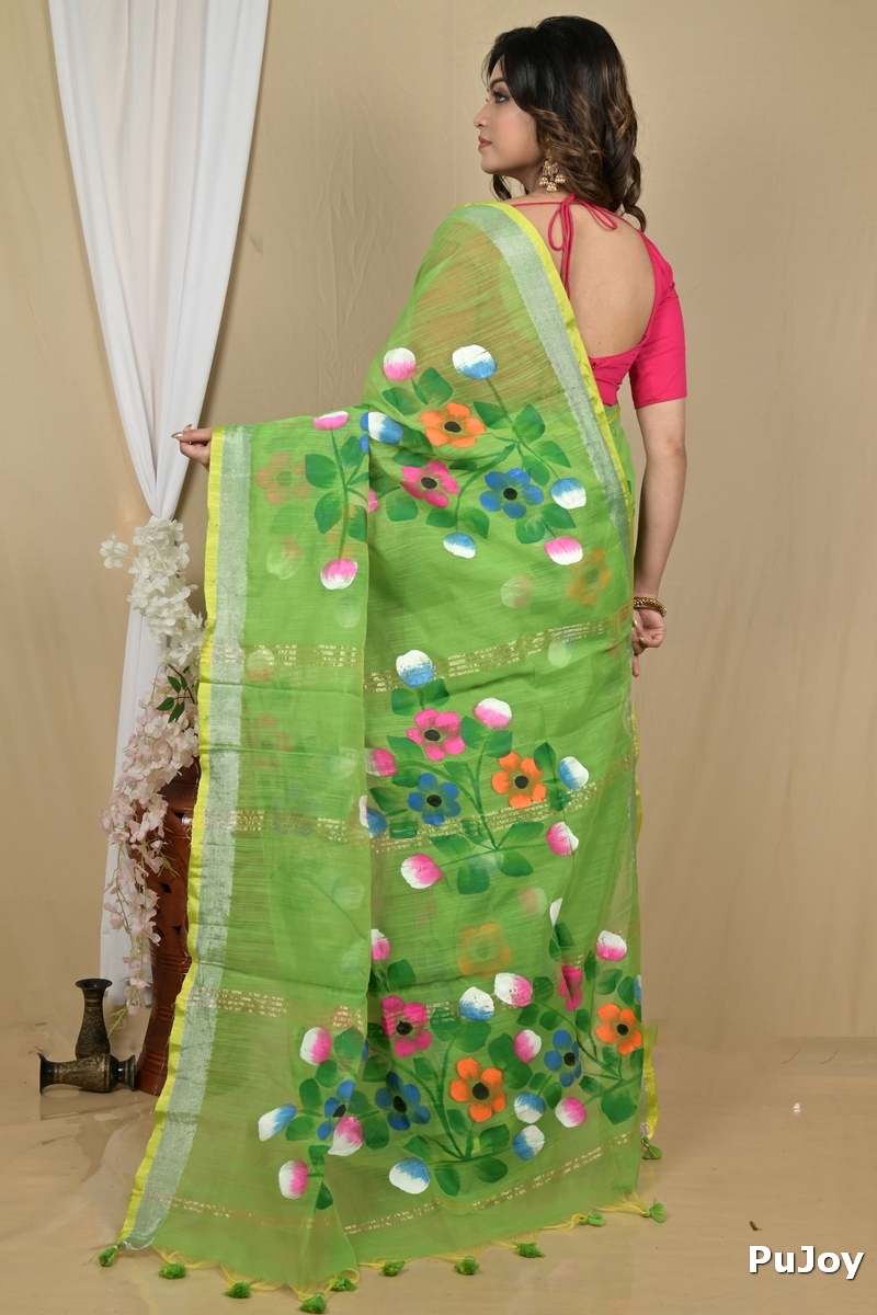 Green Blended Cotton Anito Hand Painted Saree (2099)