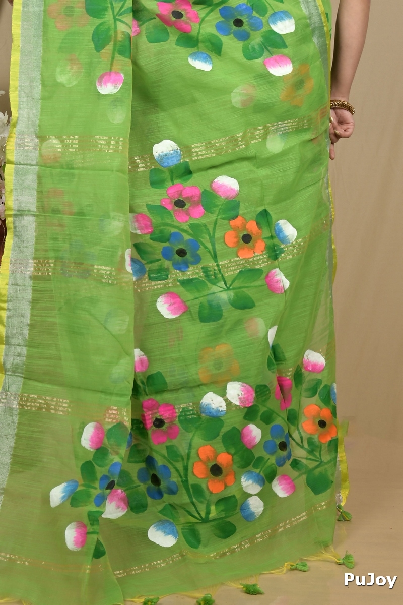Green Blended Cotton Anito Hand Painted Saree (2099)