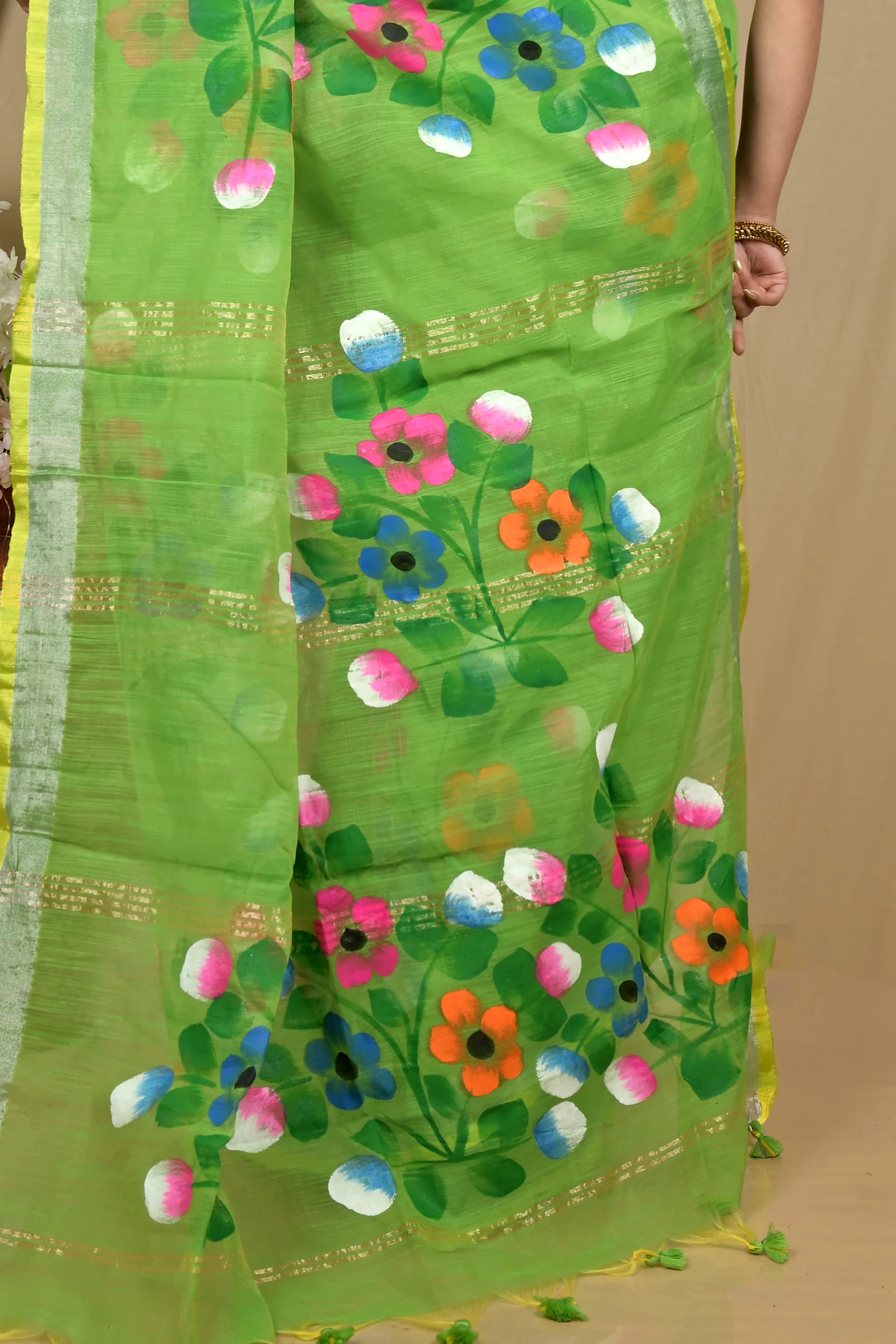 Green Blended Cotton Anito Hand Painted Saree (2099)