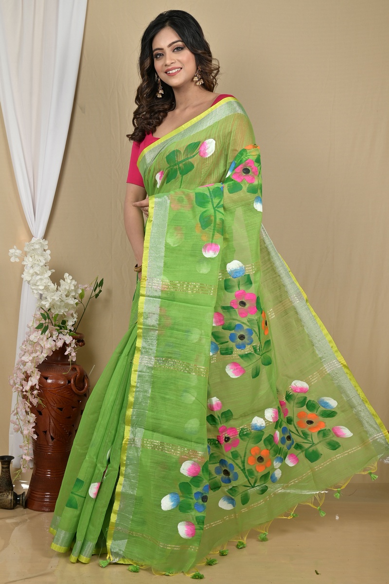 Green Blended Cotton Anito Hand Painted Saree (2099)