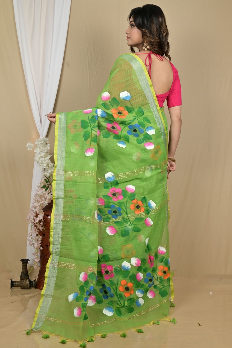 Green Blended Cotton Anito Hand Painted Saree (2099)