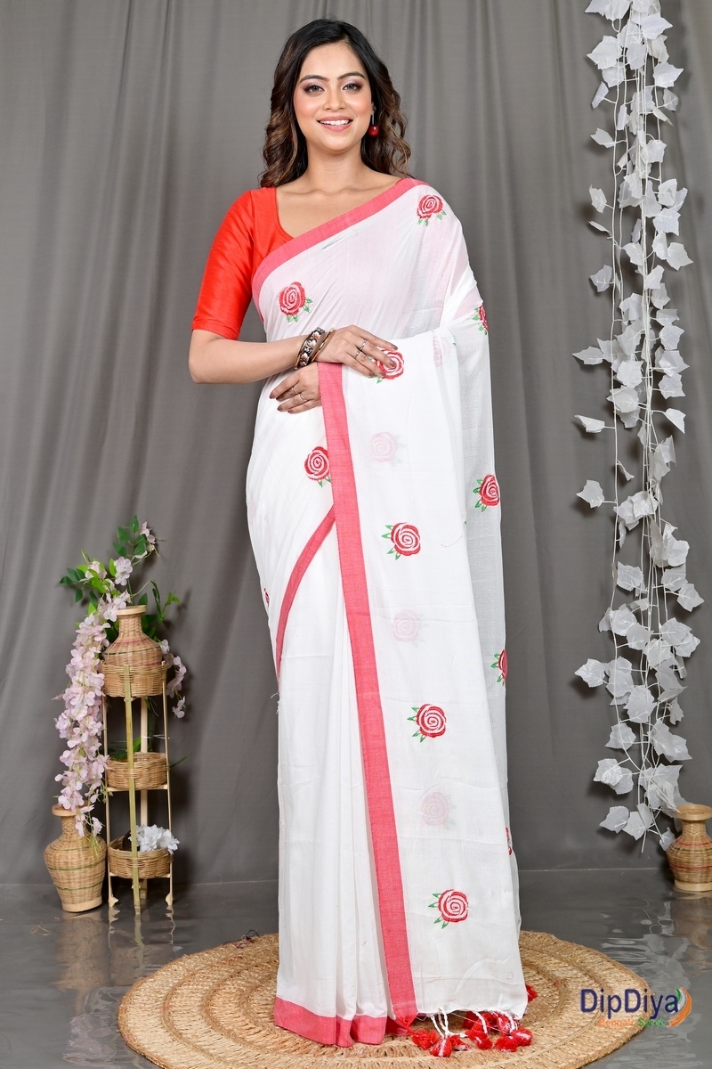 White Pure Cotton Parag Embroidery Handloom saree (210)