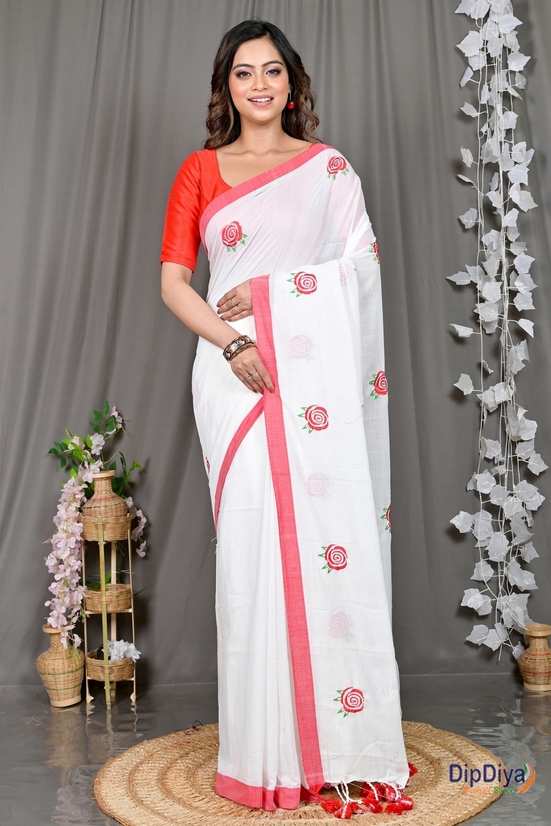 White Pure Cotton Parag Embroidery Handloom saree (210)