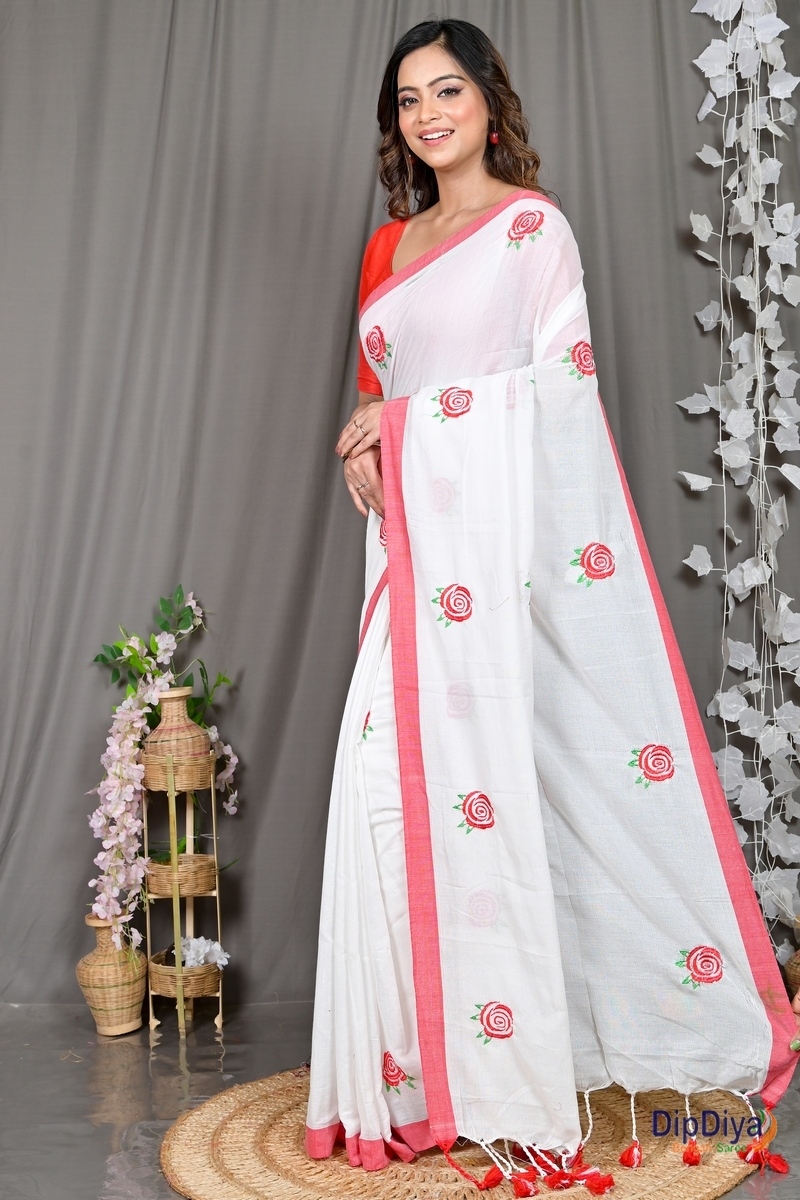 White Pure Cotton Parag Embroidery Handloom saree (210)