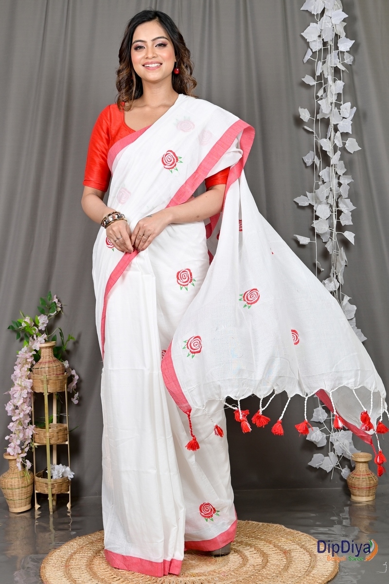 White Pure Cotton Parag Embroidery Handloom saree (210)