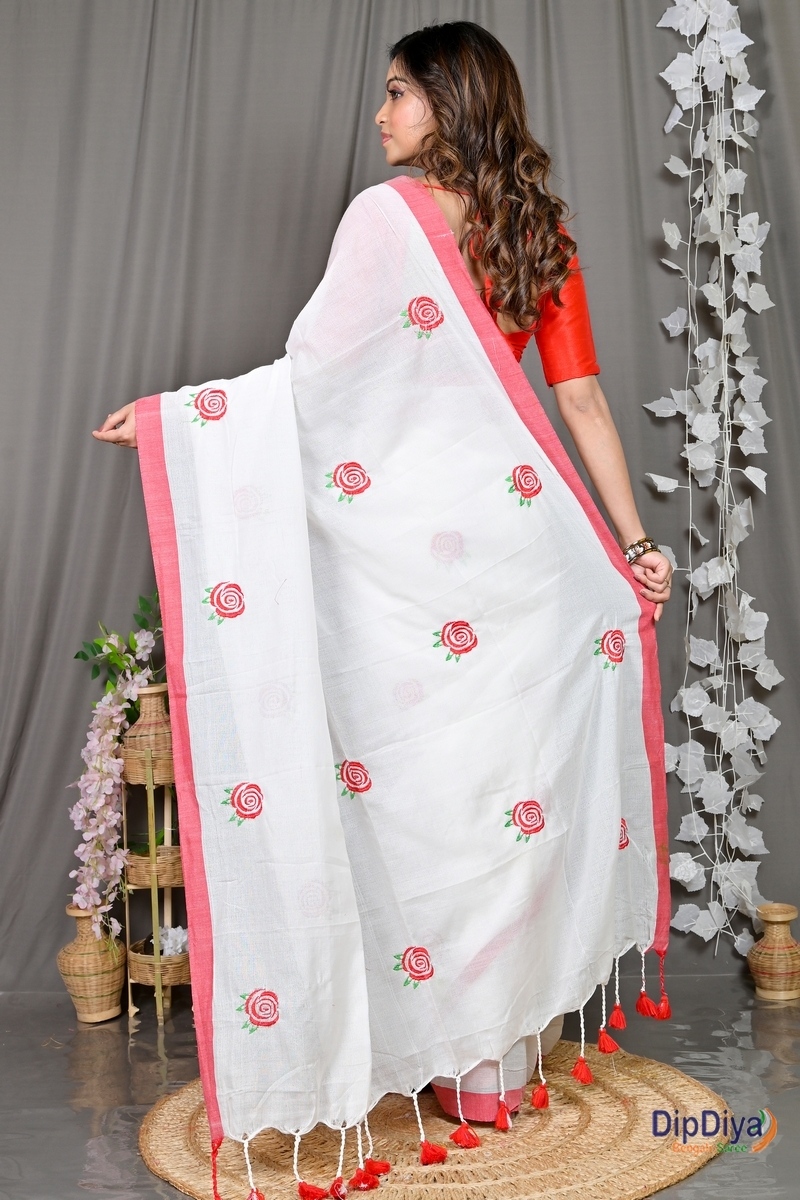 White Pure Cotton Parag Embroidery Handloom saree (210)