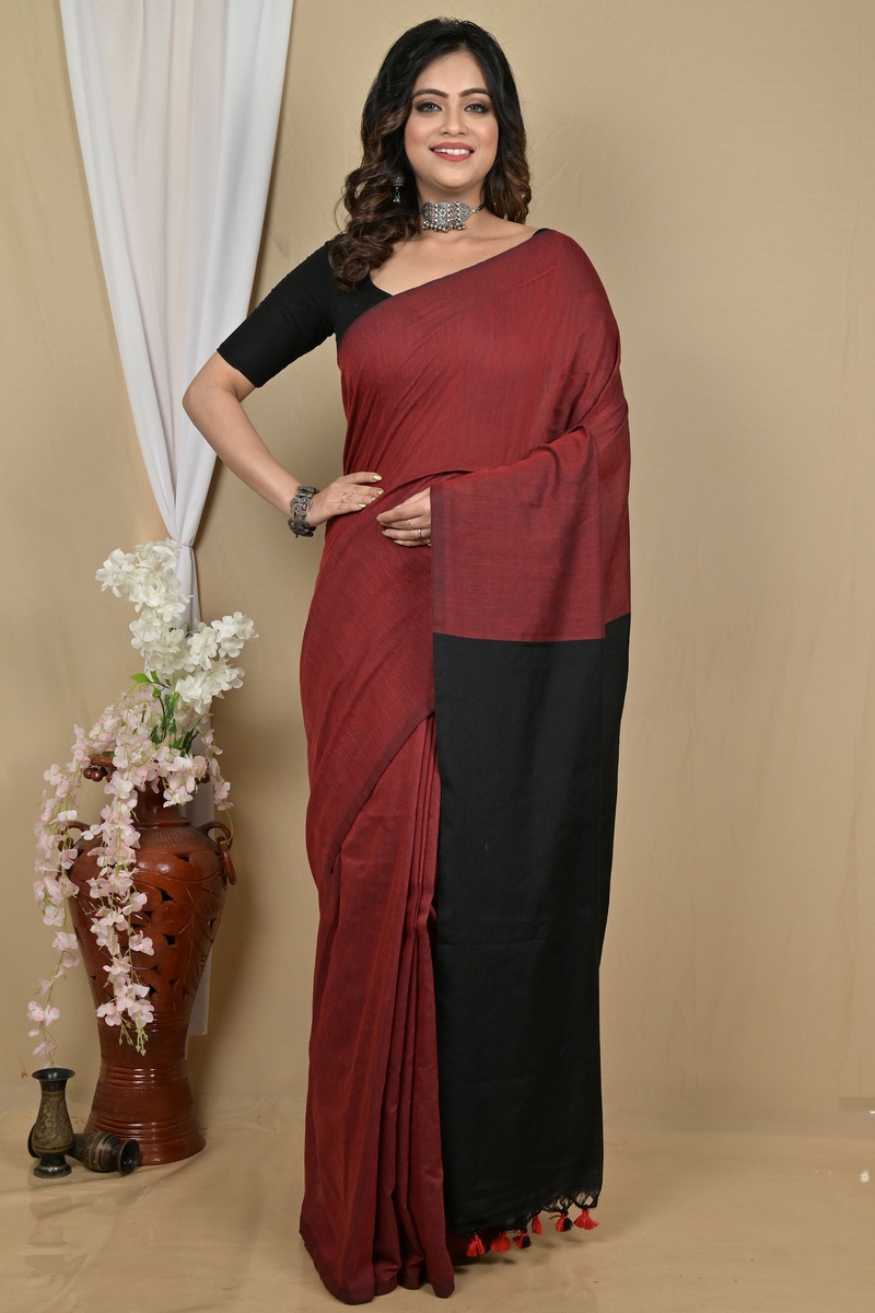 Brown Black Pure Cotton ThanKhaditu Hand Loom Saree (2100)
