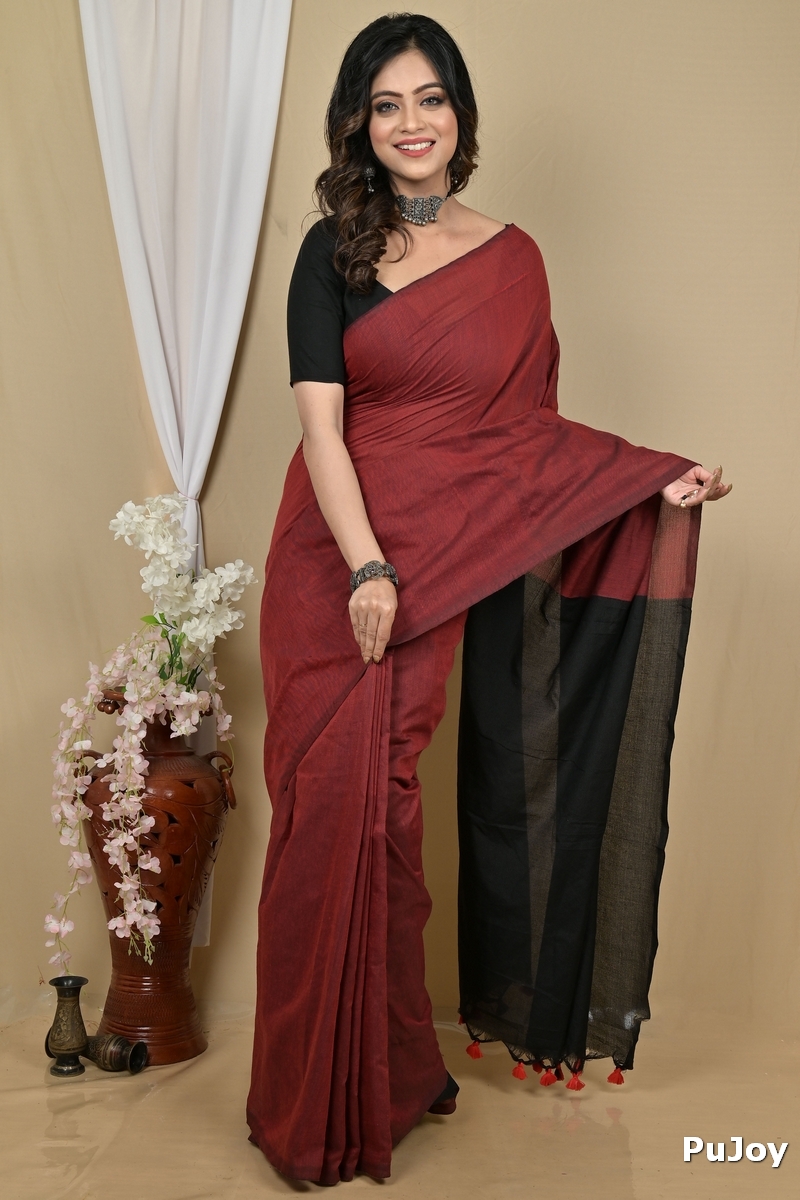Brown Black Pure Cotton ThanKhaditu Hand Loom Saree (2100)