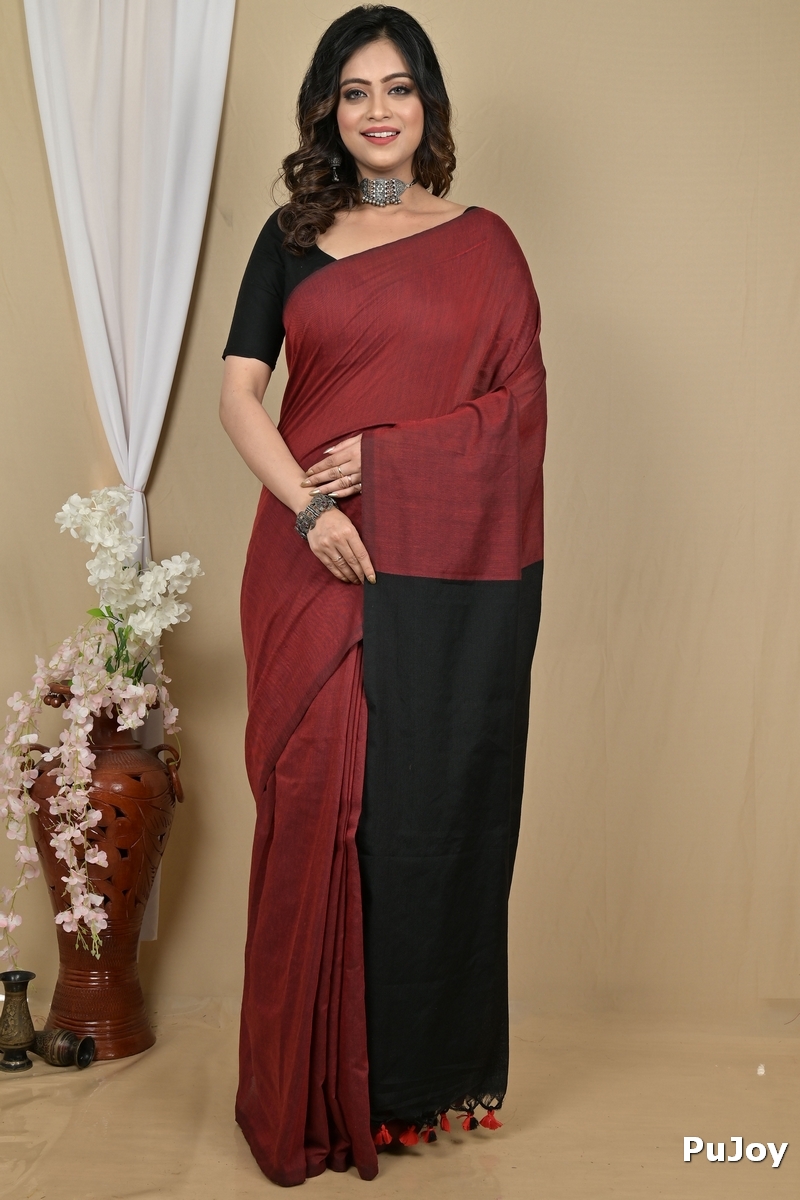 Brown Black Pure Cotton ThanKhaditu Hand Loom Saree (2100)