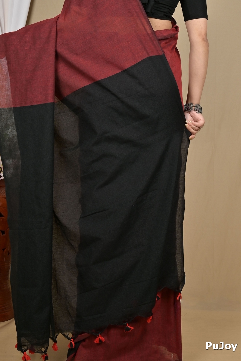 Brown Black Pure Cotton ThanKhaditu Hand Loom Saree (2100)